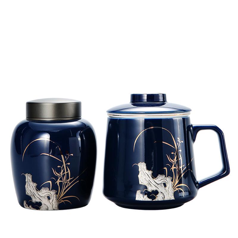 Luxury Ceramic Cup with Lid - Jilan Blue Tea Cup & Caddy, Perfect for Personal Use or Business Gift with Custom Logo Option