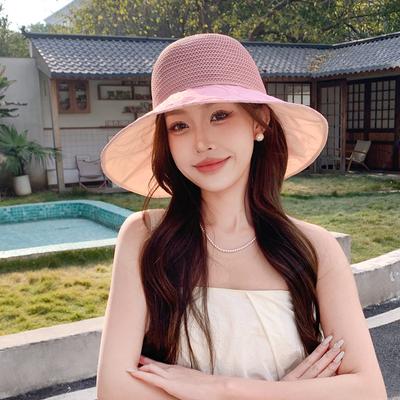 Hat Women's Knitted Straw Hat Summer Bow Bucket Hat Outdoor Travel Sun Hat