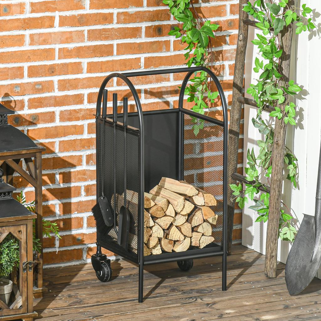 Holzregal Holzhalter auf Rädern mit Schaufel, Besen und Schürhaken Zubehör 37,5 x 37,5 x 80 cm schwarz