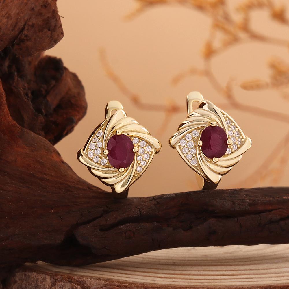 Women's Rhombic Design 925 Sterling Silver Yellow Earrings Natural Ruby Oval 4*5mm Real Gemstone Fine Jewelry Valentine's Gift