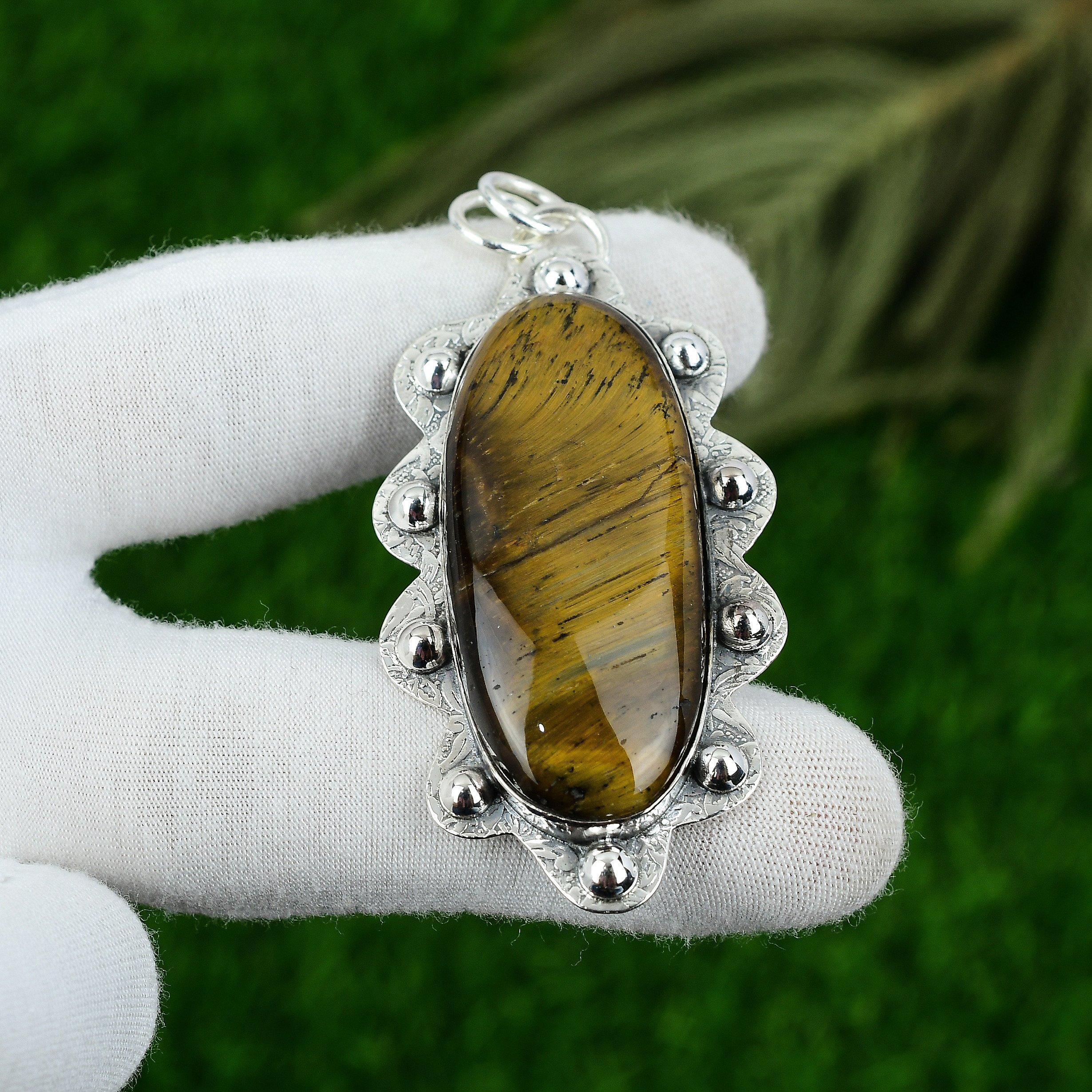 

Natural Tiger Eye Gemstone Pendant 925 Sterling Silver Indian Jewelry For Women