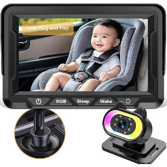 Детская камера для автомобиля на заднее сиденье – HD 1080P, Широкий угол 150°, Ночное видение, Простая установка, Регулируемая светодиодная подсветка, ЖК-дисплей 4,3 дюйма, Антибликовое покрытие Black-USB Plug