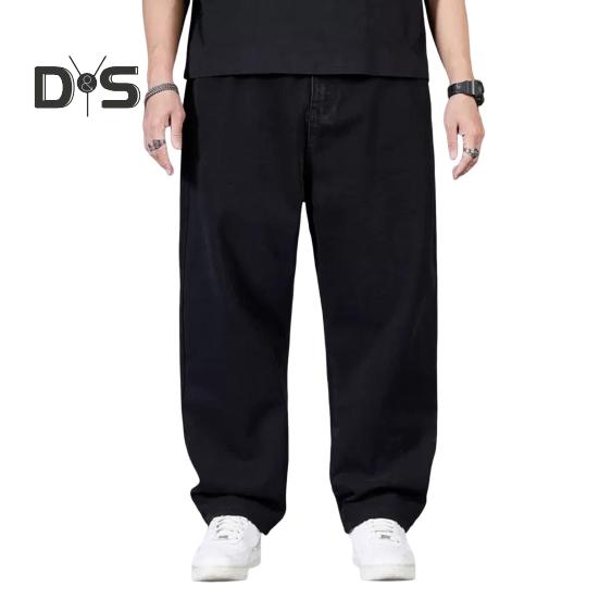 Men Jeans High Waist Solid Color Spliced Denim Pants with Pockets Straight Wide Leg Long Pants Daily Wear