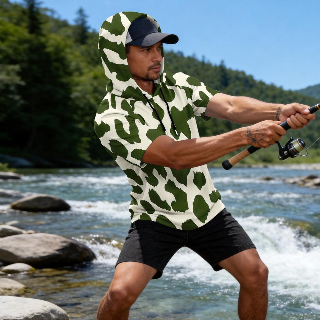 Men's Leopard Print Raglan Hoodie, Short Sleeve Casual Fishing Top, Breathable Outdoor Sports T-Shirt