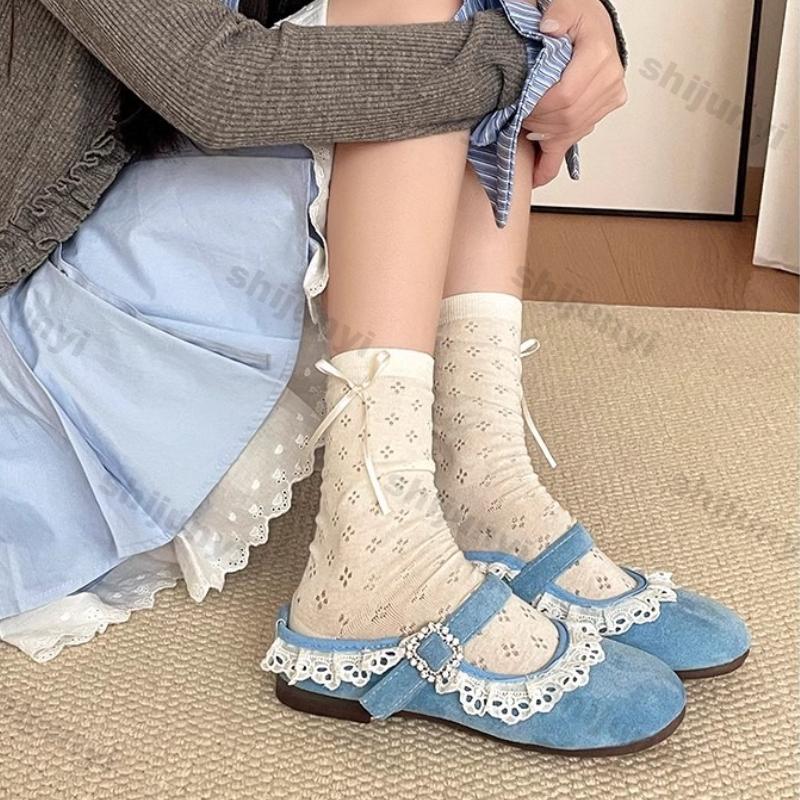 Women Shoes 2025 Summer New Fashion Round Toe Lace Women Half Drag Shoes Vintage Comfort Soft Sole Lightweight Mary Jane Flats