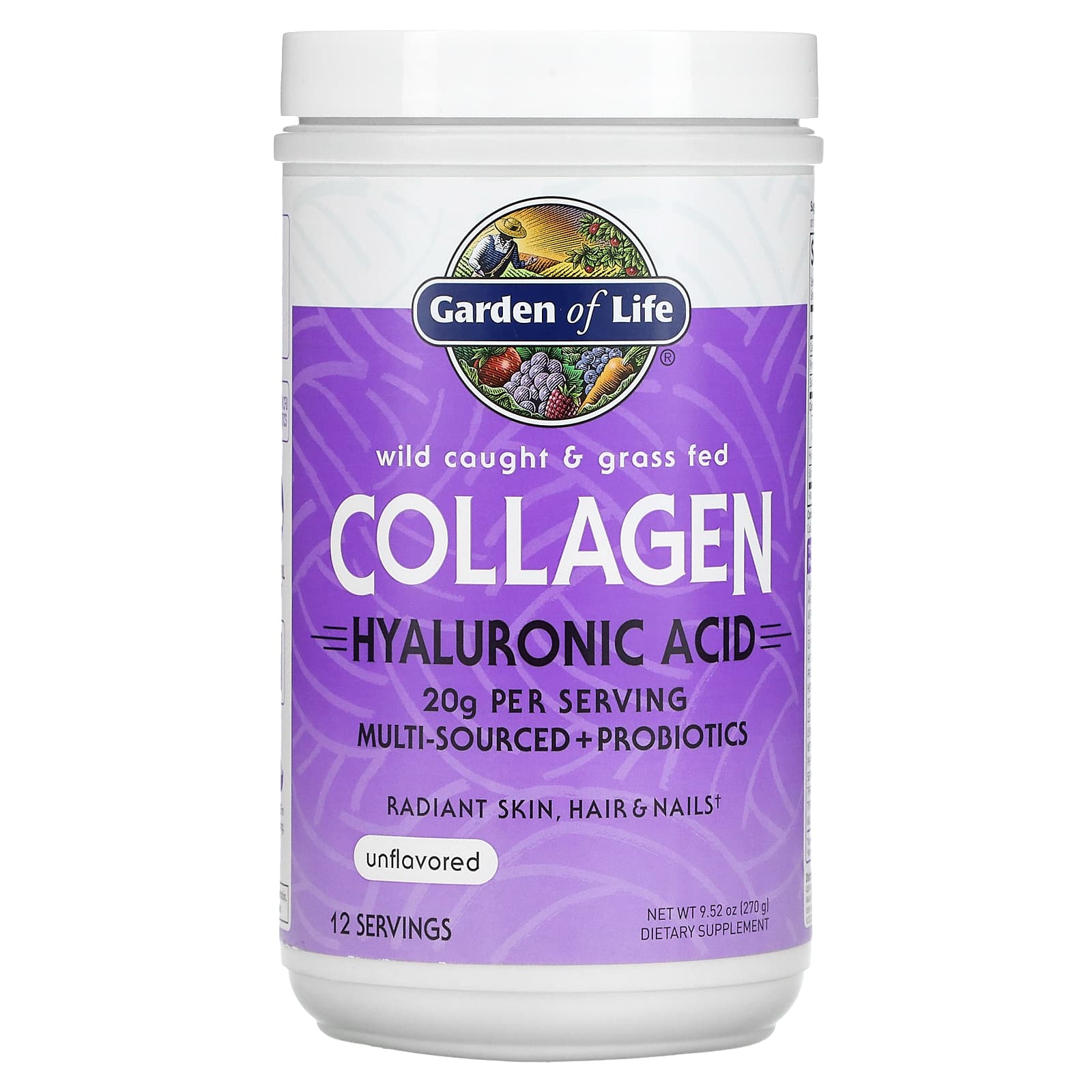 

Natural Grass-Fed Collagen, Hyaluronic Acid, Unflavored, 270G(9.52Oz)