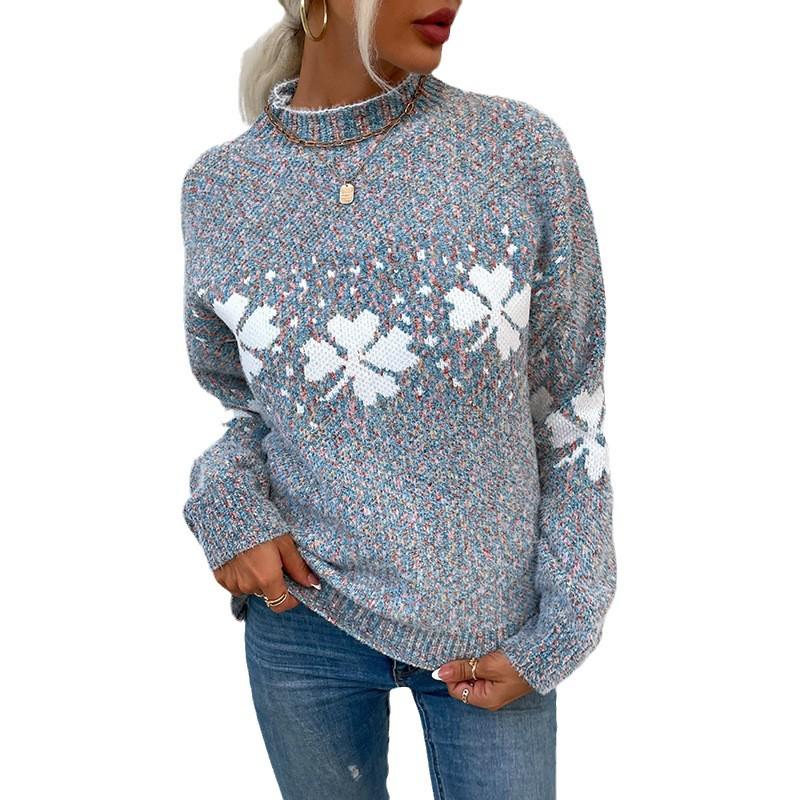 European & American Women's 2024 Autumn/Winter Snowflake Sweater - Casual Long-Sleeved Knitwear with Half-High Collar