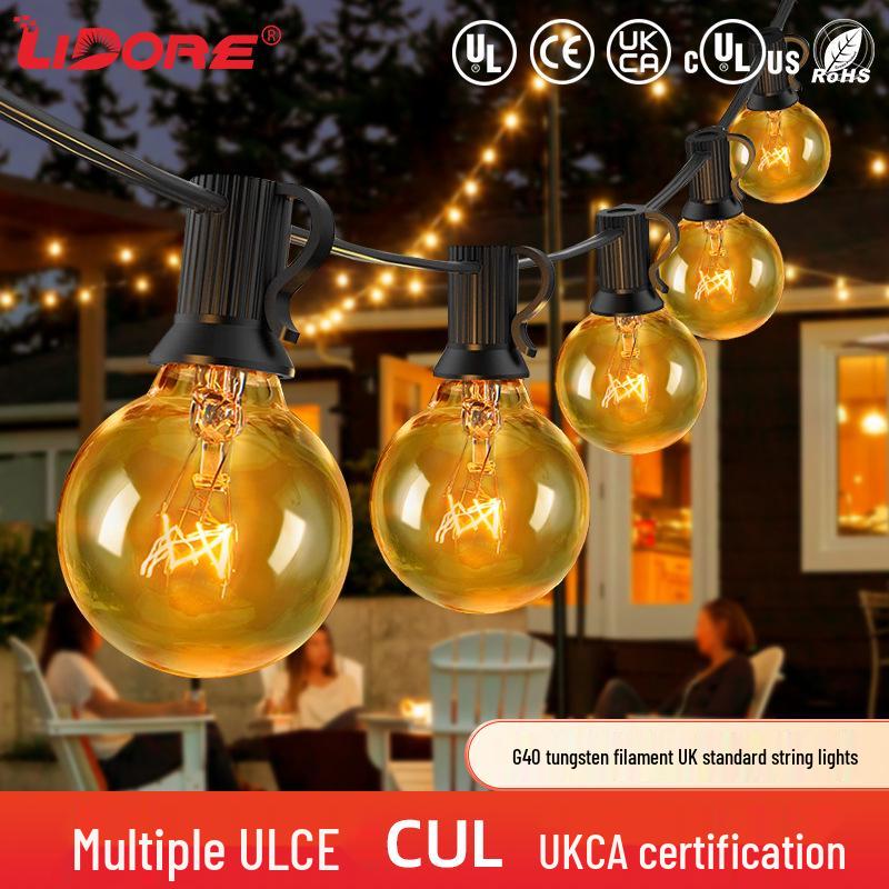UK/US Standard G40 String Lights, 25 Clear Tungsten Filament, 220V, Indoor/Outdoor Decorative Lighting for Weddings and Christmas