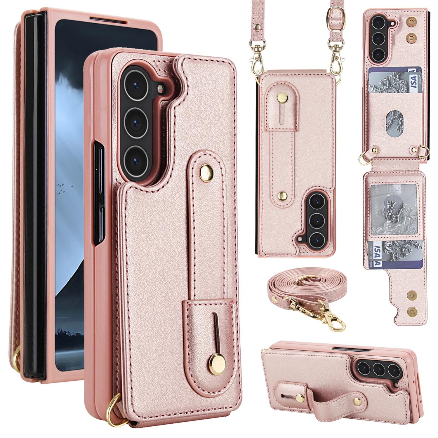 

For Samsung Galaxy Z Fold5 5G Case Kickstand Card Slots Leather Coated TPU Cover with Shoulder Strap Rose Gold