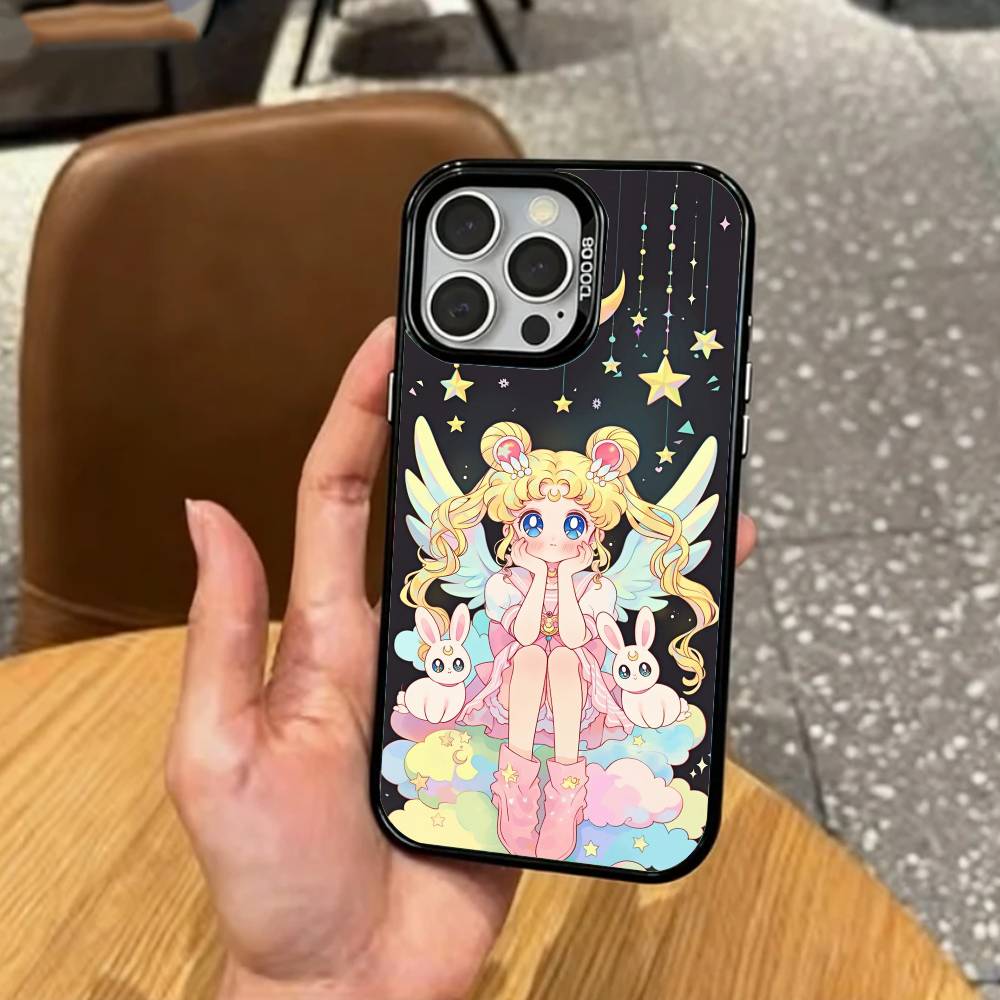 

CUTE Cartoon S-Sailor M-Moons Phone Case For iPhone17,16,15,14,13,12,11 Plus,Pro Max Colored Silver Plated Inside Cover iPhone15plus
