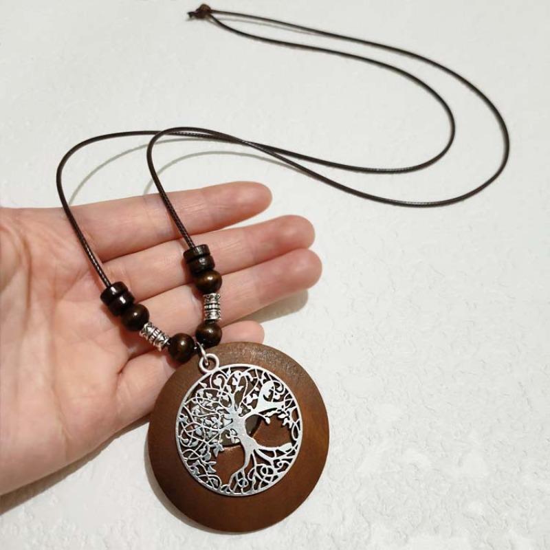 Retro Cotton and Linen Accessories Ethnic Style Wooden Long Women's Sweater Chain Alloy Leaf Necklace