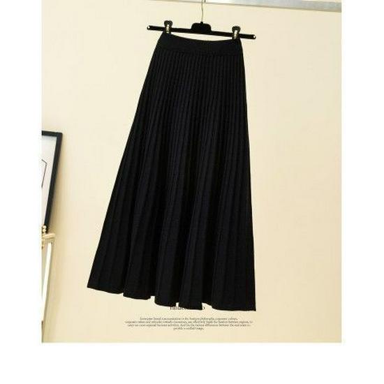 Women's High Waist Wool Knit A-Line Pleated Midi Skirt - Autumn/Winter Slimming Umbrella Hem