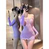 Purple Sexy One-Shoulder Lace Nightclub Pure Desire Hot Girl Tube Top Mesh Dress Elegant Sleepwear Mesh Lace Sheer Sexy XHI5