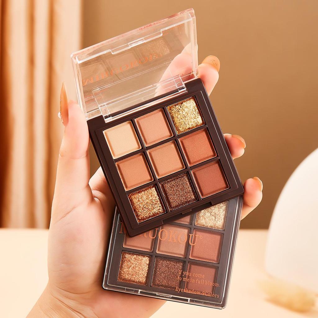 Mijoqo Earth Tones: 9-Color Chocolate Eyeshadow Palette with Matte, Shimmer, and Glitter Shades for Brightening Students' Eye Makeup.