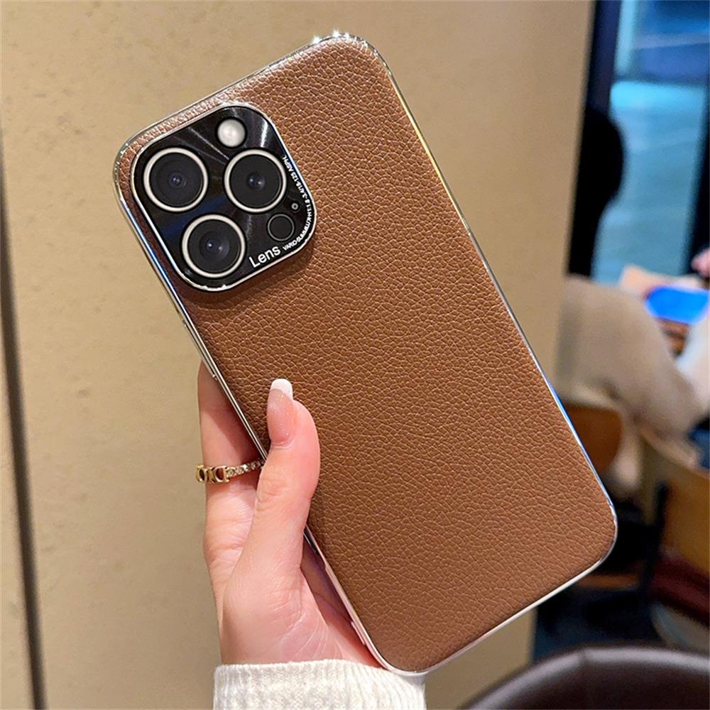 For iPhone 15 Pro Case Electroplating Edge Litchi Texture Leather+PC Phone Cover