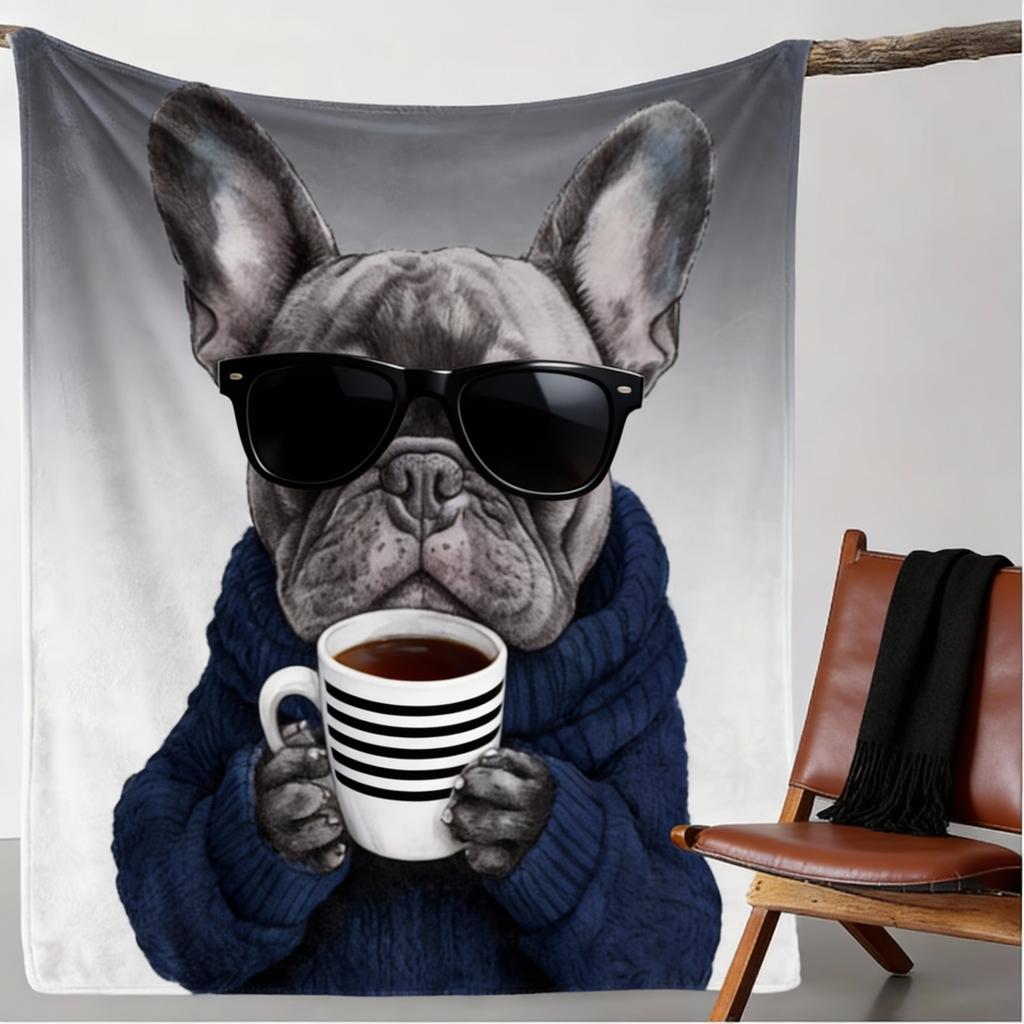 1pc Vintage French Bulldog with Coffee Print Flannel Throw Blanket - Cozy Soft Polyester Knitted Blanket for Sofa,Nap Blanket
