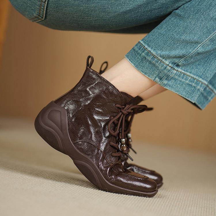 Leather Martin boots women's slope heel lace-up casual boots 2025 autumn and winter models square head side zipper hand grab versatile short boots