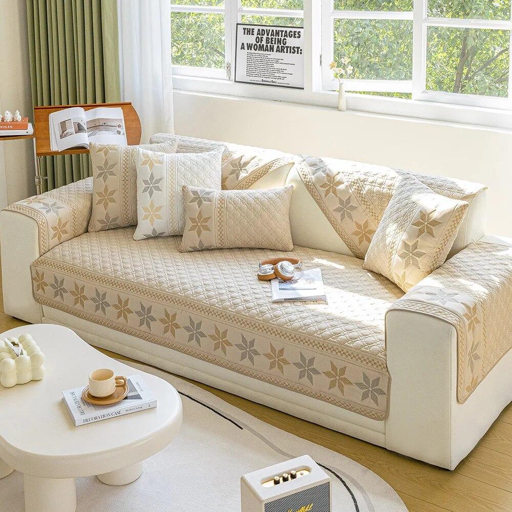 Embroidered Sofa Towel Pillowcase Polyester Cotton Sofas Cushion Anti Slip Wear-resistant Snowflake Patterned Sofa Cover Blanket