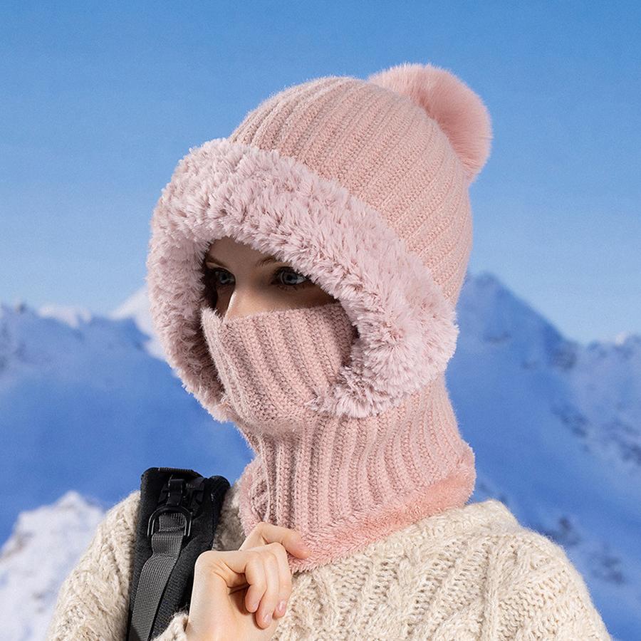 Women's Knitted Hat with Scarf and Mask Set, Winter Warm Fleece Riding Windproof Wool Hat