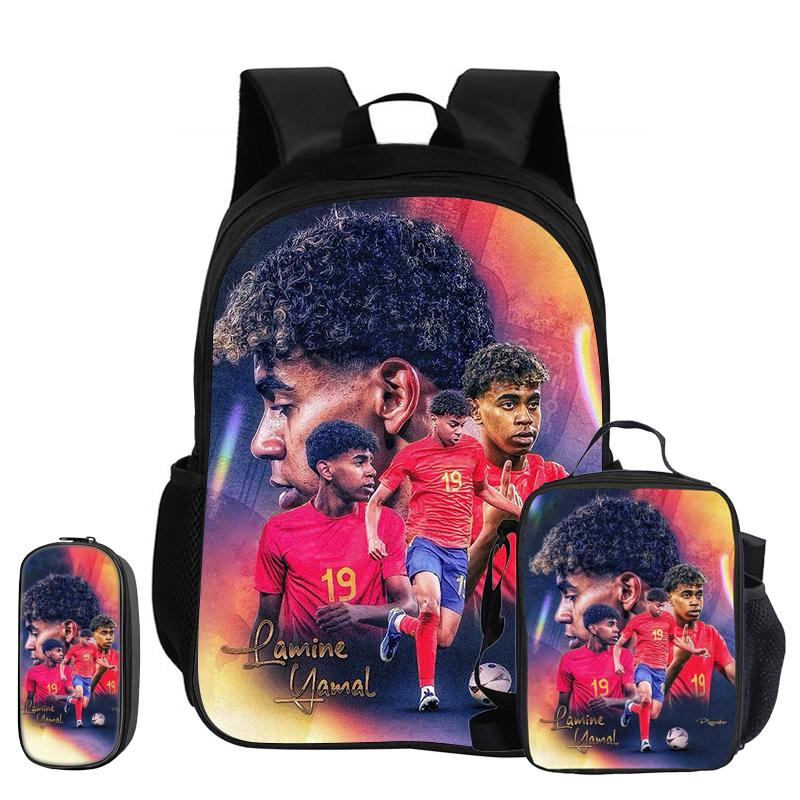 Kinderrugzak L-Lamin Yamal Voetbalster 3-delige Set Schoolrugzak Etui's Boekentas met Lunchtas Sportrugzak Kindercadeau