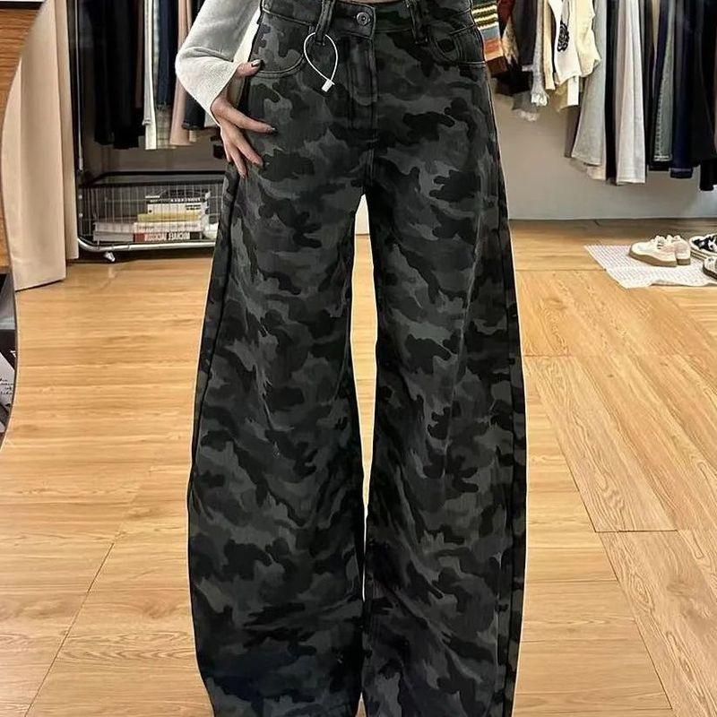 145 Small American Vintage Camouflage Jeans Women 2025 New High Waist Straight Wide Leg Pants Cargo Pants