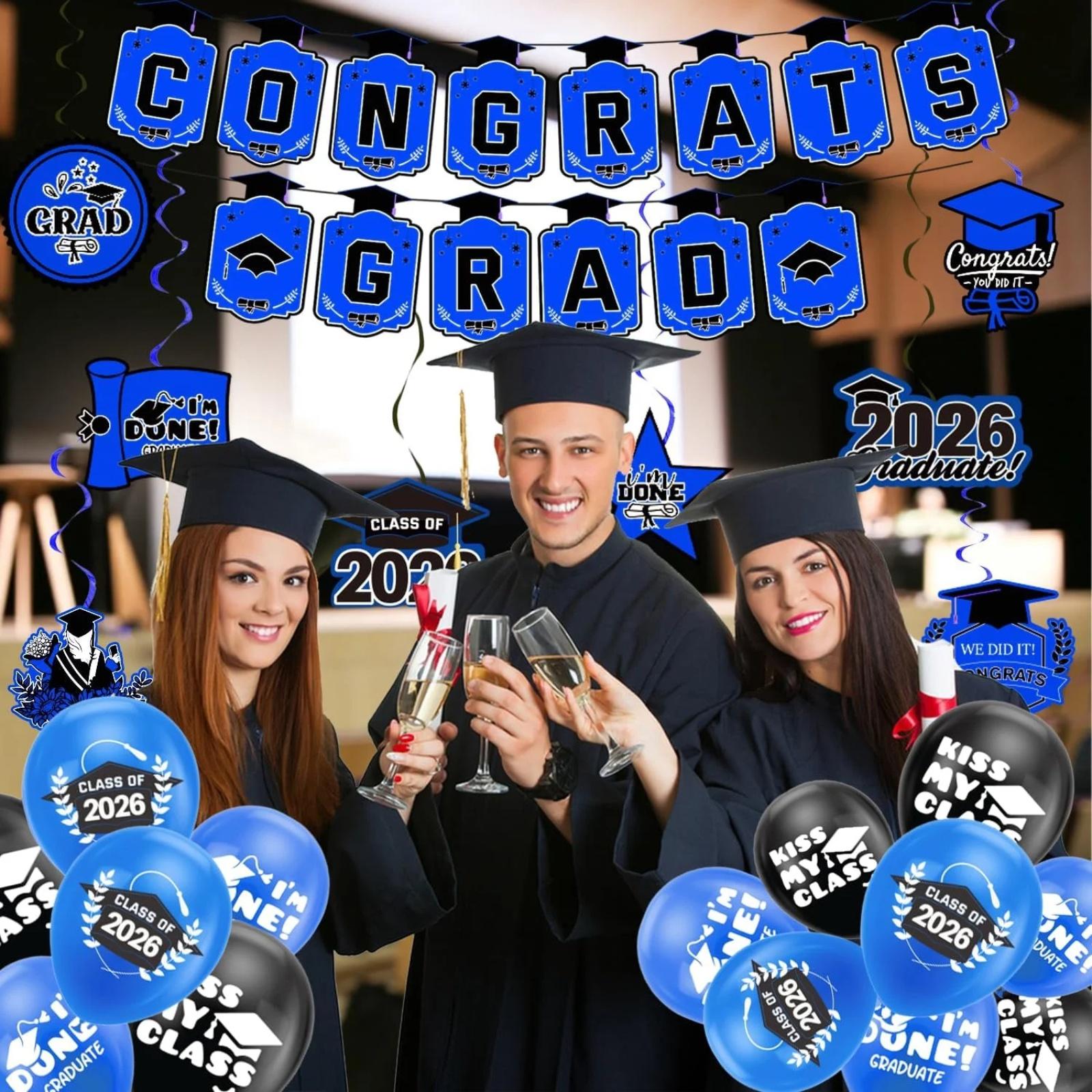 Синий тематический набор украшений для выпускного - Поздравляем выпускников, выпуск 2025 года, набор воздушных шаров и серпантинов - полный набор праздничных принадлежностей для старшей школы и синий