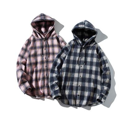Autumn and Winter Japanese Retro Men's Wear Furry Neutral Thickened Hooded Shirt Jacket Plaid Loose Top Men