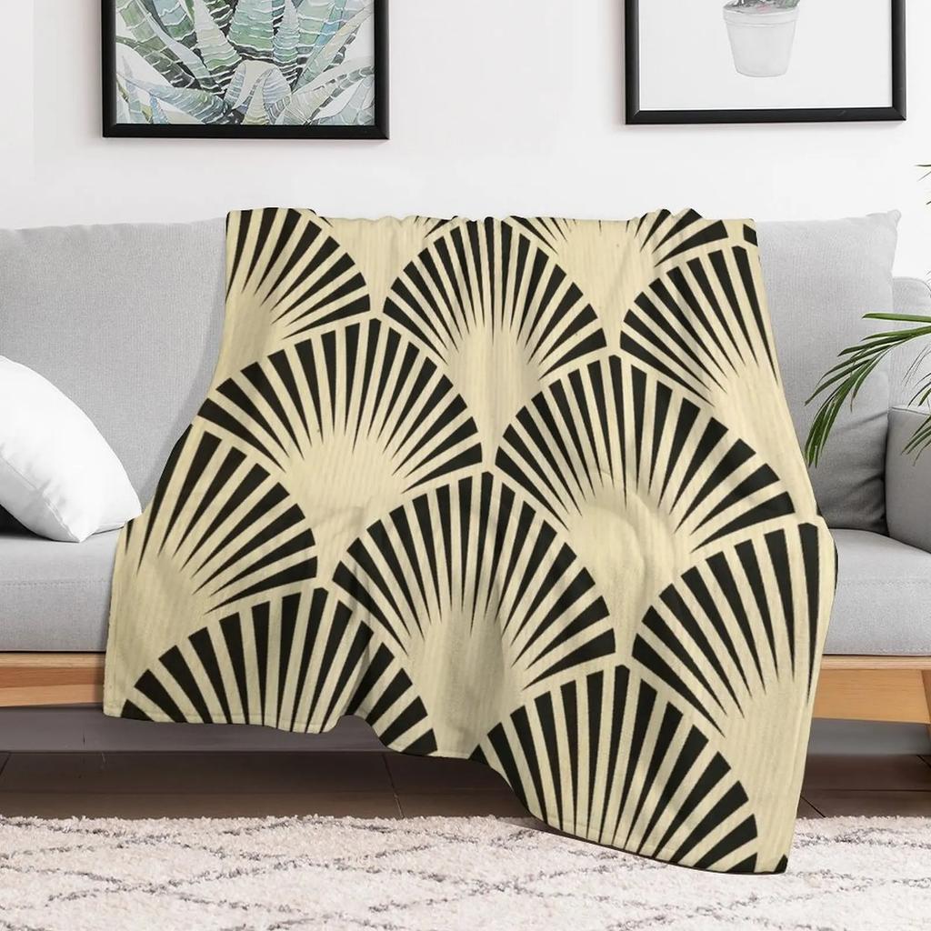 Art déco,schwarz,beige,rustikal,vintage,Fächer,Muster,elegant,schick Kuscheldecke Flauschige Pelzige Weiche Decke für Schlafzimmer Wohnzimmer