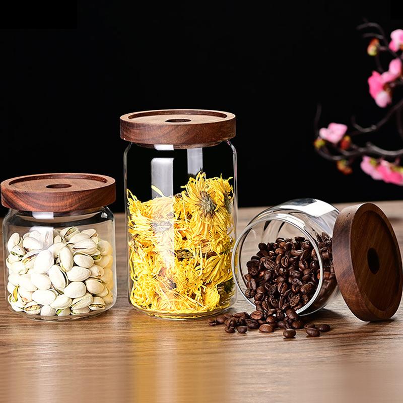 Glasbehälter mit Holzdeckel, luftdicht, für Teeblüten, Süßigkeiten und Kaffee, Küchenaufbewahrungsglas