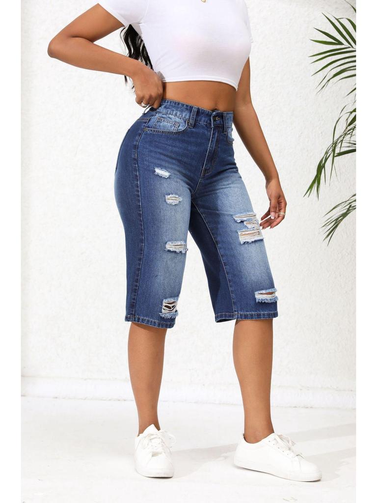 Damen Übergröße Mittellange Ripped Jeans - Trendiger Europäischer & Amerikanischer Stil Sommer Cropped Gerade Passform