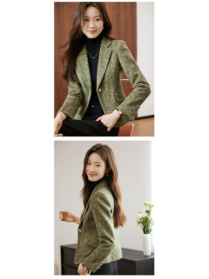 Damenwolle Grün Kurzer Blazer - Winter 2025, Kleine Größe, High-End Temperament, Verdickte Jacke