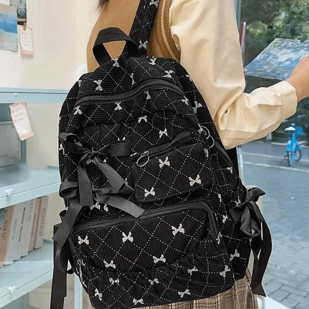Silk Design Corduroy Bow Backpack Casual Large Capacity Backpack Students School Bag Daily