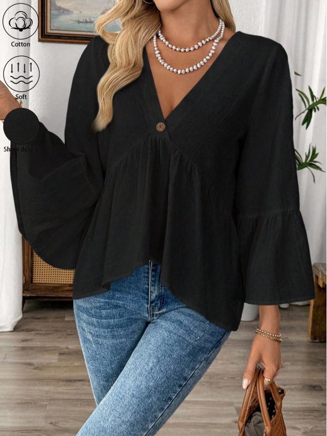 2026 European Women's Retro V-neck Ruffle Sleeve Spring/Summer Top