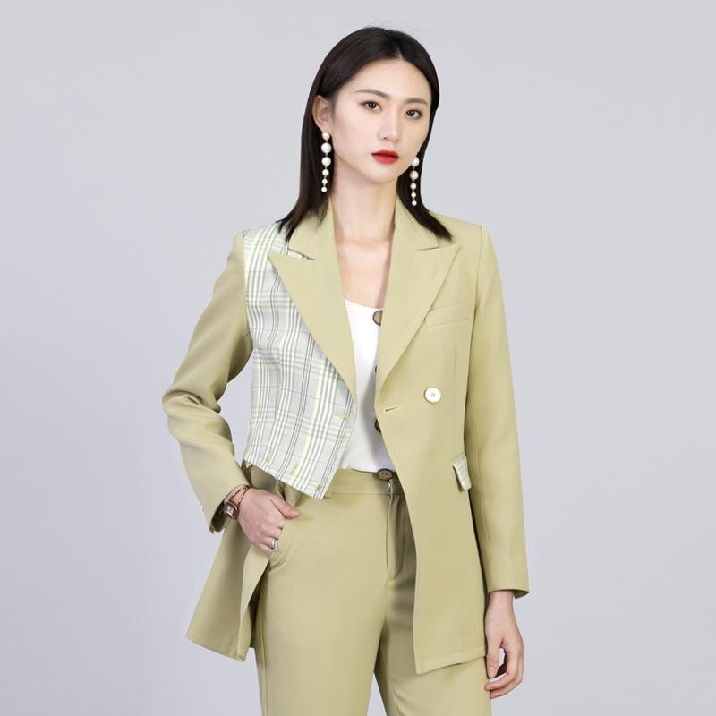 Elegant Green Women's Double-Breasted Woven Suit - Long-Sleeved, Slimming, Perfect for Spring and Autumn