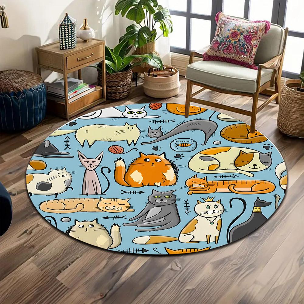 Colorful Cats Pattern On Blue Background Print Round Rug, Living Room, Bedroom, Playroom Carpet, Non Slip Floor Mat, Gift