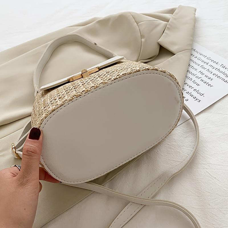 Women's Lightweight Straw-Textured Handbag with Golden-Tone Ring Lock Closure - Adjustable Strap, Spacious Interior Pocket, Spring Summer Beach Tote