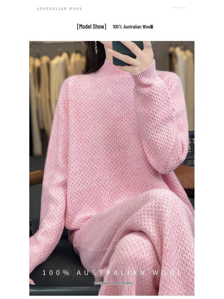 Women's Purple High Neck Wool Sweater & Wide-Leg Pants Set - Autumn/Winter Fashion