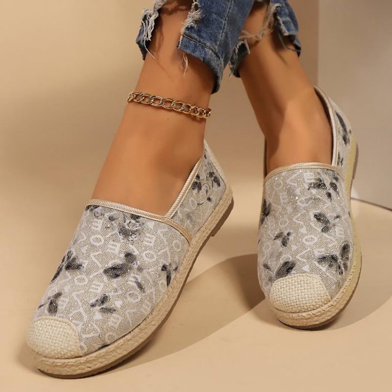 Fashion Plus Size Flat Tweed Cotton Shoes Women's Autumn/Winter New Butterfly Sequin Fashionable Versatile Slip-On Shoes Rubber Upper