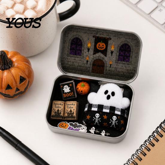 Halloween Candy Storage Mini Tin Box Gift, Plush Ghost with Haunted House Cabin Illustration Scene, Collectible Micro Theater Gift for Kids,