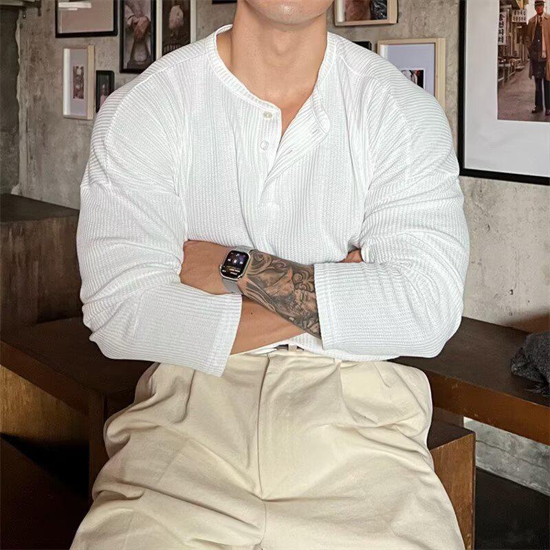 Herren Plus Size Waffelstrick Henley Langarm Slim Fit Hemd