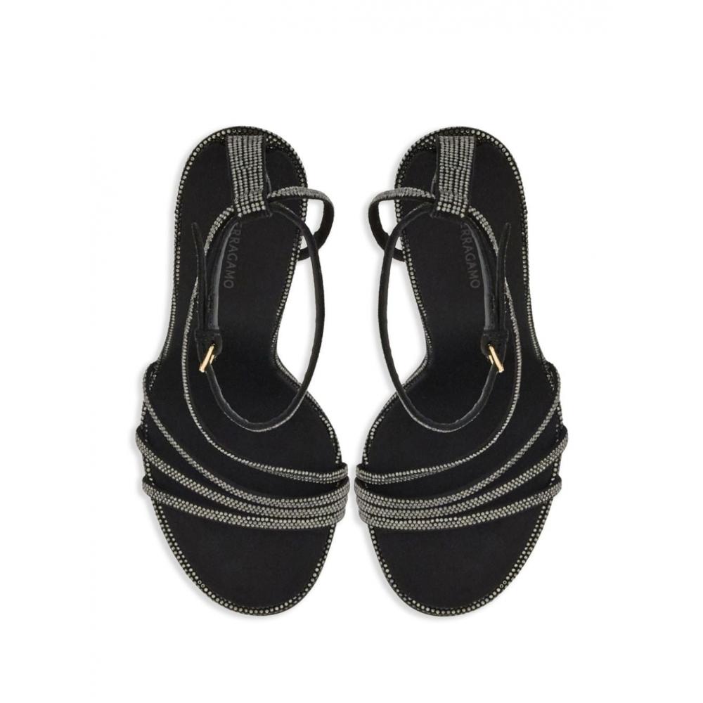 Ferragamo High Heeled Black Goat Suede Sandals Grey