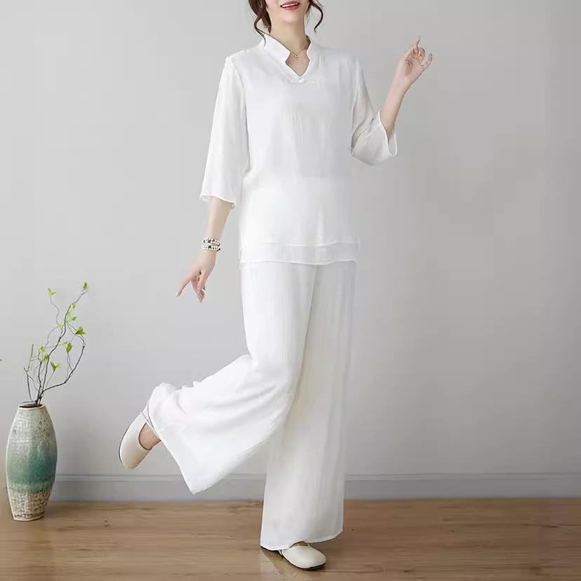 

Двухпредметный комплект для тай-чи и йоги в стиле дзен: Китайский ретро-костюм для утренней зарядки и медитации. L белый