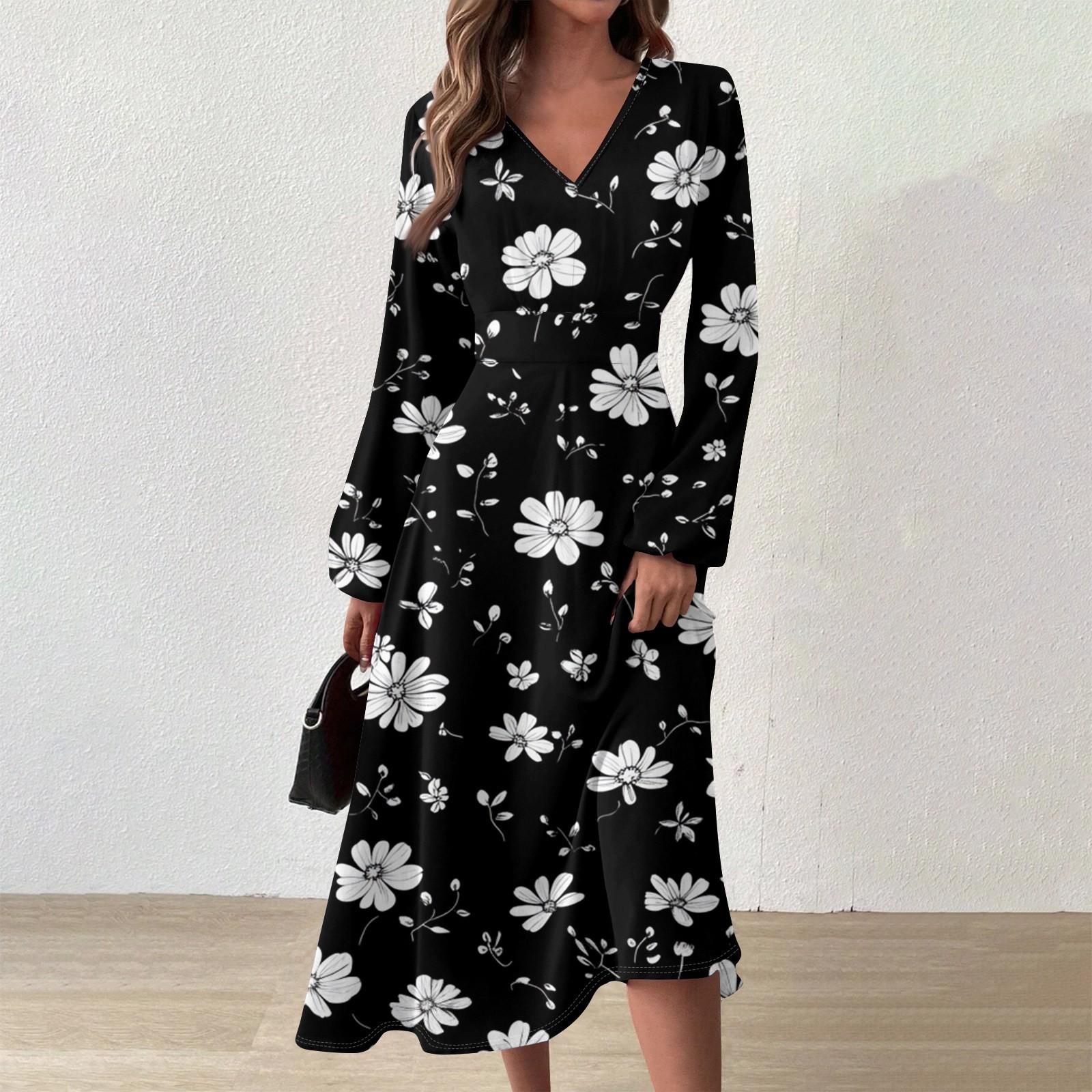 

Женское повседневное модное длинное платье с V-образным вырезом и длинным рукавом с цветочным принтом L чёрный