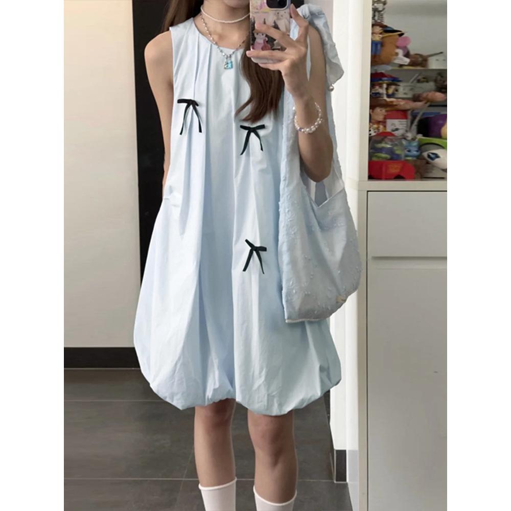 Sweet wind blue sleeveless vest dress gentle temperament loose fluffy bud short skirt summer