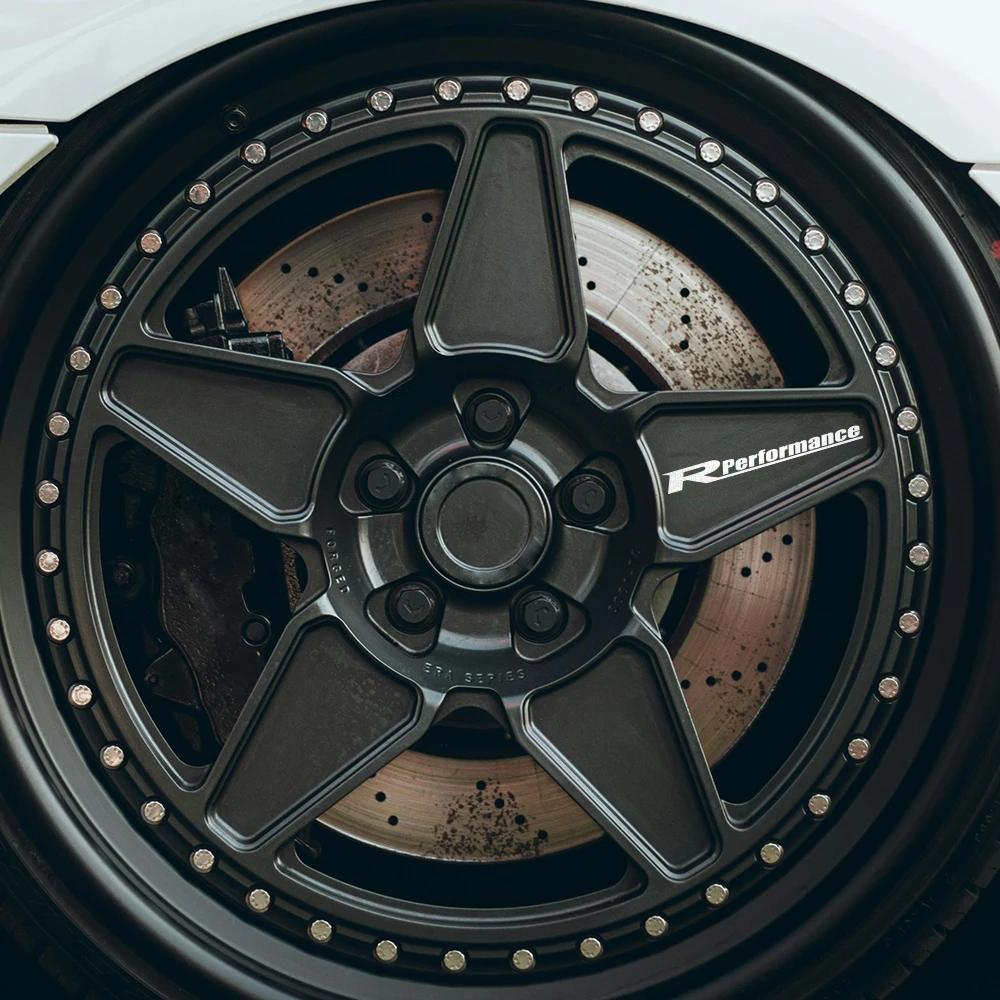 4Pcs R Performance Car Wheels Reflective Stickers Auto Rim Wheel Hub Body Racing Style Vinyl Film Decals Car Tuning Accessories
