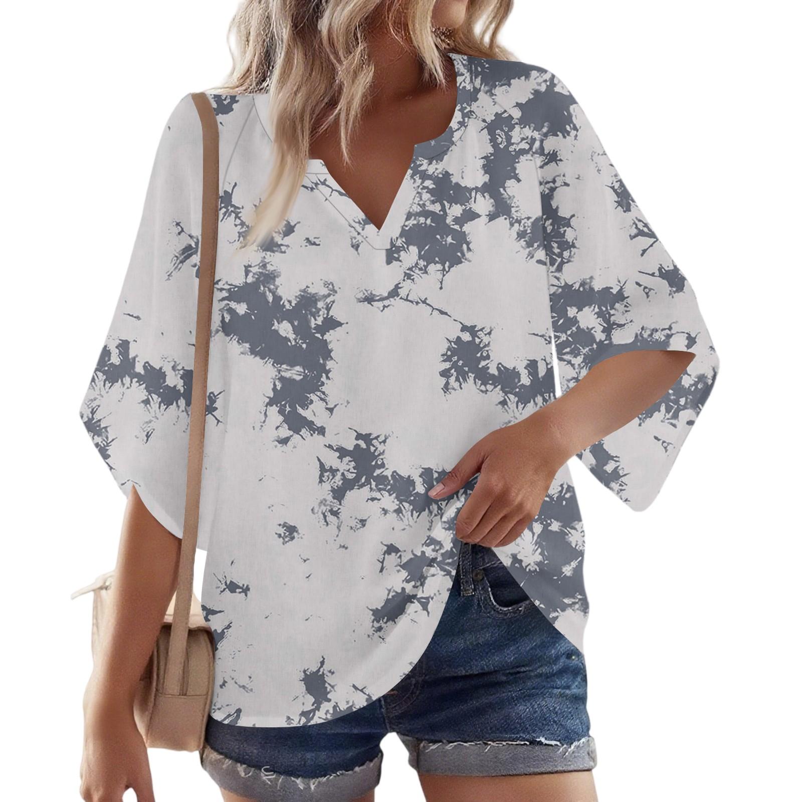 

Women s 3/4 Sleeve V Floral Shirt Casual Loose Tunic Top XXL