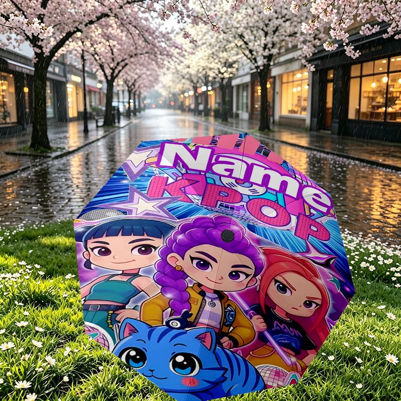 Custom Name Personalized KPop Demon Hunters Print Umbrella, Auto Open Close, 8‑Rib Sturdy Frame, Commute Camping Hiking Use, Birthday Gift