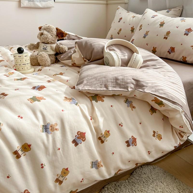 Soft Cotton Double Gauze Bedding Set 4PCS Small Fresh Floral Print Twin Queen King Beds