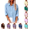 Women Linen Blend Button Down Shirt Turn‑Down Collar Roll‑Up Sleeve Chest Pocket Loose Fit Solid Color Casual Office Blouse Top