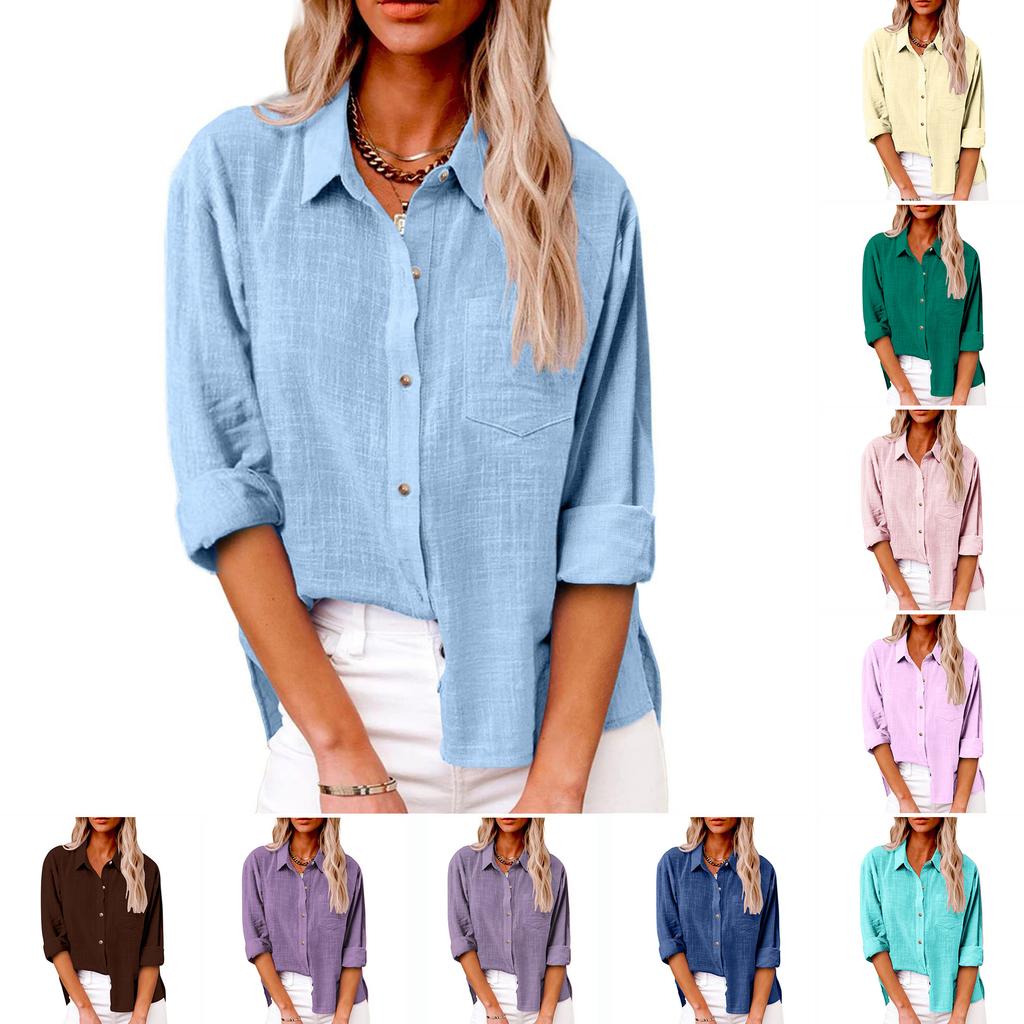 Women Linen Blend Button Down Shirt Turn‑Down Collar Roll‑Up Sleeve Chest Pocket Loose Fit Solid Color Casual Office Blouse Top